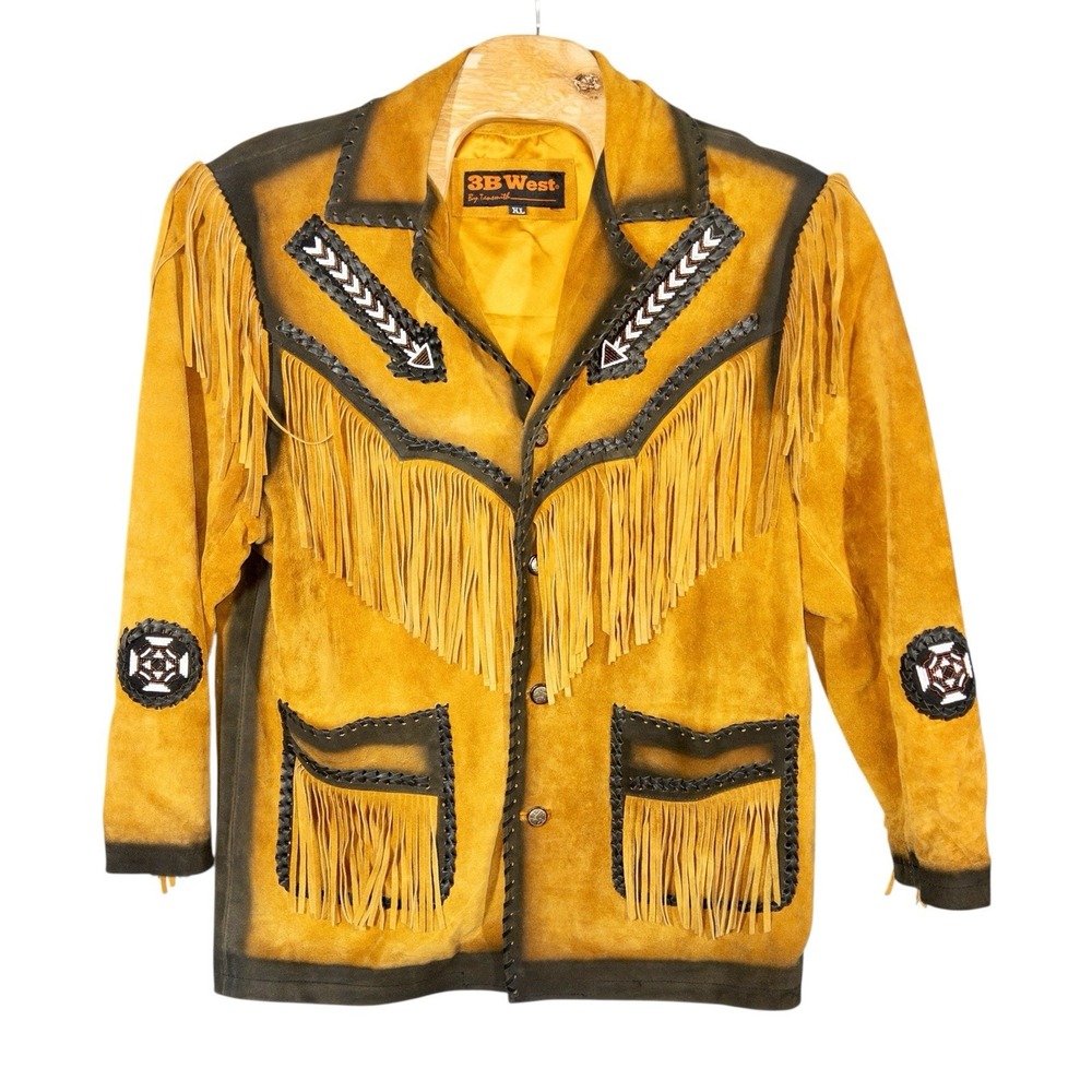 Vtg 3B West Leather Suede Tassel Beaded Southwestern Jacket Mens‎ XL